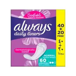 Always Daily Pads, Cottony Soft, Unscented, Normal, 60 pads
