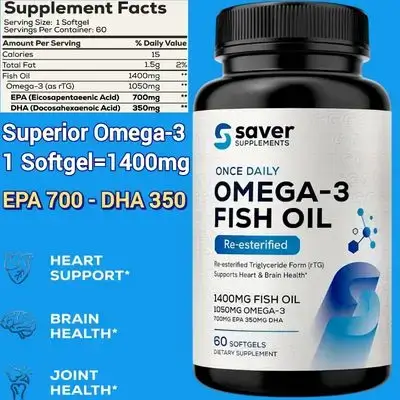 Omega 3, Fish Oil, 1400 mg, Re-esterified, Ultra High EPA and DHA, EPA 700mg & DHA 350mg, Feed your Heart Brain Eyes Joints, Women & Men, Omega3, 60 Softgels omega 3