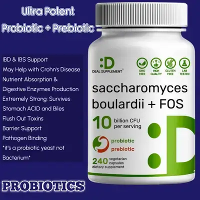 Probiotics Saccharomyces Boulardii + FOS Prebiotic, 10 Billion CFU, Survives the Stomach ACID and Biles, Superior Quality and Potency, probiotics, prebiotic, 240 Caps probiotic