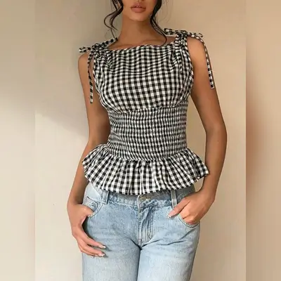 SOLTRB Summer New Shirred Tie Waist Plaid Casual Blouse - Small