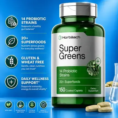 Super Greens, Superfood, Probiotics, Fruit Blend, Multivitamin, Minerals, Probiotics, veggies, prebiotic, 24+ Superfoods, 150 Caplets Super greens 