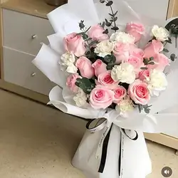Pink and White Rose Bouquet in White Wrap