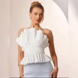 L'Amorae Elegant Pleated Halter Neckline Ruffle Detail Smocked Back Statement White Summer Top - XS
