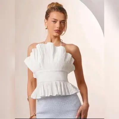 L'Amorae Elegant Pleated Halter Neckline Ruffle Detail Smocked Back Statement White Summer Top - XS