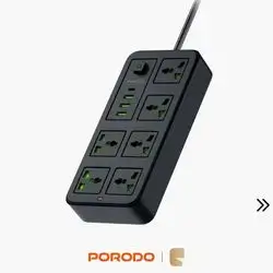 Porodo Blue 6 Universal Sockets Power Strip 3M Heavy-Duty Cable & Multi-Port Fast Charger - Black