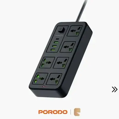 Porodo Blue 6 Universal Sockets Power Strip 3M Heavy-Duty Cable & Multi-Port Fast Charger - Black