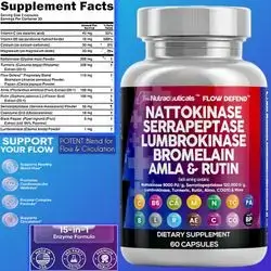 Nattokinase 5000 FU, Serrapeptase 120000 SPU, Lumbrokinase Enzyme, with Bromelain Papain, Papaya Enzymes, Rutin Extract, Amla Magnesium, Vitamin B6 & VIT C, blood Flow & health, fibrin, blood clot, Calcium & plaque Build-Up, 60 Caps nattokinase