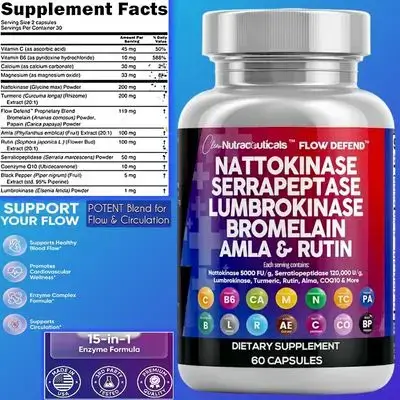 Nattokinase 5000 FU, Serrapeptase 120000 SPU, Lumbrokinase Enzyme, with Bromelain Papain, Papaya Enzymes, Rutin Extract, Amla Magnesium, Vitamin B6 & VIT C, blood Flow & health, fibrin, blood clot, Calcium & plaque Build-Up, 60 Caps nattokinase