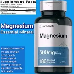 Horbäach Magnesium 500mg, magnesium oxide, magnesium 500mg, Superior Quality, Extra Strength, magnesium, 180 Caplets magnesium