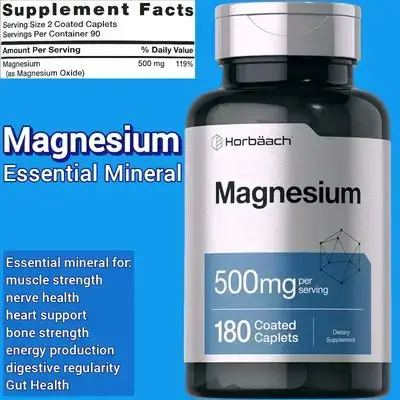 Horbäach Magnesium 500mg, magnesium oxide, magnesium 500mg, Superior Quality, Extra Strength, magnesium, 180 Caplets magnesium 