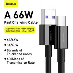 Baseus Superior Series Fast Charging Data Cable USB to Type-C 66W Material: ABS+TPE Current: 11V-6A (66W Max.) Transmission speed: 480Mops Input interface: USB Output interface: Type-C