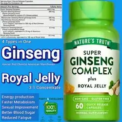 Super Ginseng Complex, with Royal Jelly, red Ginseng, Korean Ginseng, American Ginseng, Manchurian Ginseng, Energy Optimizer, Sexual performance, athletic power, 60 Capsules Ginseng