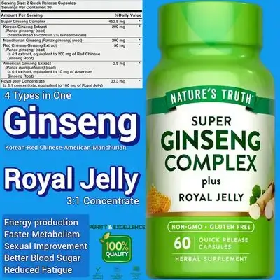 Super Ginseng Complex, with Royal Jelly, red Ginseng, Korean Ginseng, American Ginseng, Manchurian Ginseng, Energy Optimizer, Sexual performance, athletic power, 60 Capsules Ginseng 
