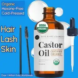 Kate Blanc Cosmetics, Castor Oil, Organic, for Hair, Lashes, Face, Skin, 100% Pure, Cold Pressed, Hexane Free, in Glass Bottle. Lash Serum for Thicker-Looking Eyelashes & Eyebrows, 60ml Castor Oil