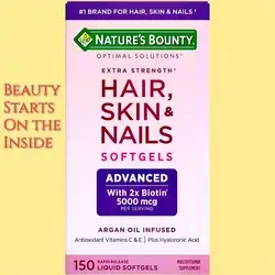 Nature's Bounty Advanced Hair, Skin & Nails, Argan-Infused Vitamin Supplement with Biotin, Collagen, Hyaluronic Acid, Vitamin E, B12, B6, zinc, Selenium, hair nail skin , 150 Softgels