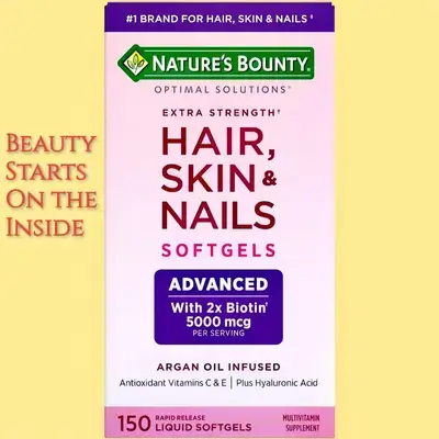 Nature's Bounty Advanced Hair, Skin & Nails, Argan-Infused Vitamin Supplement with Biotin, Collagen, Hyaluronic Acid, Vitamin E, B12, B6, zinc, Selenium, hair nail skin , 150 Softgels