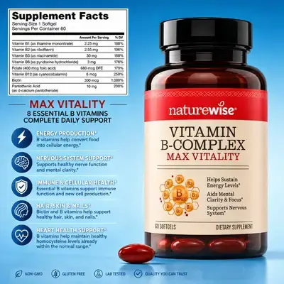 NatureWise, Vitamin B Complex, B Complex, Women and Men, with Folic Acid, Biotin, B1, B2, B3, B6, B12, Support Cellular Energy & Mental Clarity, Gluten & Dairy Free, 60 Softgels B complex 