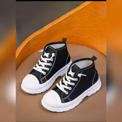 1pair Girls' Black Dual Color High-Top Canvas Sneakers- Size:33