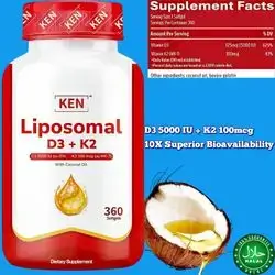 KEN Liposomal Vitamin D3 5000 IU + K2 (MK7) 100 mcg, Vitamin D and K, D3 K2, Ultra Pure & Absorption, Superb Quality Made with Coconut oil, 360 Softgels vitamin D3 K2