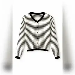 Striped Button Front Cardigan featuring a classic black & white design - Medium