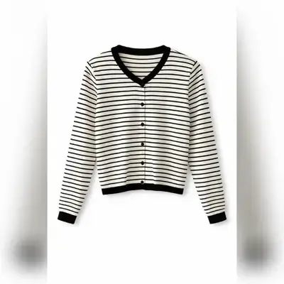 Striped Button Front Cardigan featuring a classic black & white design - Medium