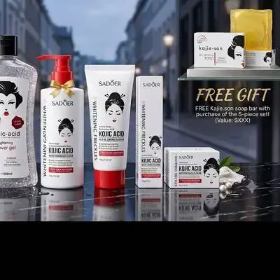 Sadoer Kojic Acid Whitening Freckles Skincare Set ( Shower Gel 500ml, Body Lotion, Cleanser, Face Cream, Serum, and Free Soap)
