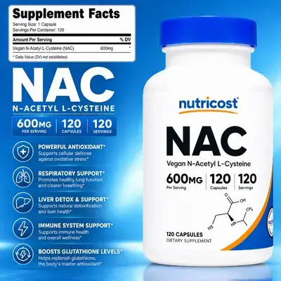 Nutricost, N-Acetyl L-Cysteine, NAC, 600mg, 120 Capsules Nac 