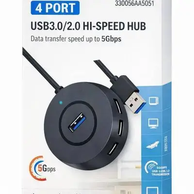 USB Hub 4 Port Specifications ? • Type: 4‑Port USB3.0/2.0 Hi‑Speed Hub • Data Speed: Up to 5Gbps • Compatibility: Notebook & Desktop • Design: Compact and lightweight • Use: Fast data transfer and device connection