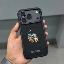 The image shows a black Santa Barbara Polo & Racquet Club leather phone case featuring an embroidered polo player design, packaged in a white retail box labeled for the iPhone 17/18 Pro Max (6.9").