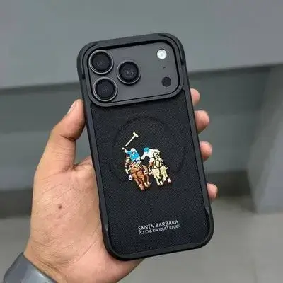 The image shows a black Santa Barbara Polo & Racquet Club leather phone case featuring an embroidered polo player design, packaged in a white retail box labeled for the iPhone 17/18 Pro Max (6.9").