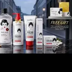 Sadoer Kojic Acid Whitening Freckles Skincare Set ( Shower Gel 500ml, Body Lotion, Cleanser, Face Cream, Serum, and Free Soap)