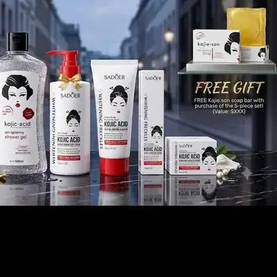 Sadoer Kojic Acid Whitening Freckles Skincare Set ( Shower Gel 500ml, Body Lotion, Cleanser, Face Cream, Serum, and Free Soap)