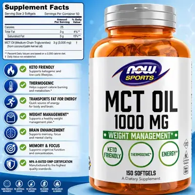 NOW Foods Sports, MCT Oil, Medium-chain triglycerides Oil, 1000 mg, Weight Management, Thermogenic, Brain & Focus & Clarity, Energy, Utilizes Fat for Energy, Keto, 150 Softgels mct 