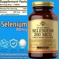 Solgar, Yeast-Free Selenium, Selenium, 200 mcg, Non-GMO, Vegan, Kosher, Antioxidant & Immune System Health, Skin, Hair, Gluten Free, Dairy Free, 250 Tablets Selenium