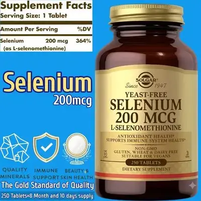 Solgar, Yeast-Free Selenium, Selenium, 200 mcg, Non-GMO, Vegan, Kosher, Antioxidant & Immune System Health, Skin, Hair, Gluten Free, Dairy Free, 250 Tablets Selenium 