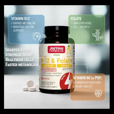 Jarrow Formulas Methyl B-12 1000 MCG and Methyl FOLATE 400 MCG, b12, b 12, Cellular Energy Metabolism and Cardiovascular Health, With Vitamin B6 as (P-5-P) , 100 Chewable Tablets, 100 Day Supply
