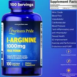 L Arginine, 1000 Mg, Nitric Oxide, Pump, Heart Health, Workout Performance, Growth Hormone Increase, Muscle Growth, Blood Flow, Argenine, 100 Caps Argenine