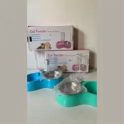 Cat Feeder Double Bowl with Metal Insert - Blue