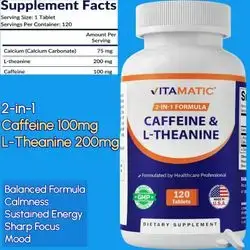 Caffeine, L Theanine, 2-in-1, L-Theanine, Sustained Energy, Focus, Calmness, Mood, 120 Tablets Caffeine