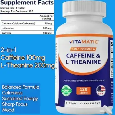 Caffeine, L Theanine, 2-in-1, L-Theanine, Sustained Energy, Focus, Calmness, Mood, 120 Tablets Caffeine