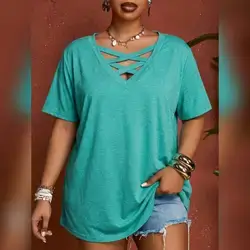 SHEIN CURVE+ Solid Color V-Neck Short Sleeve T-Shirt - 4XL