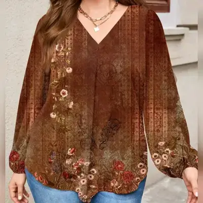 EMERY ROSE Vintage Pattern Loose Plus Size Blouse - 2XL