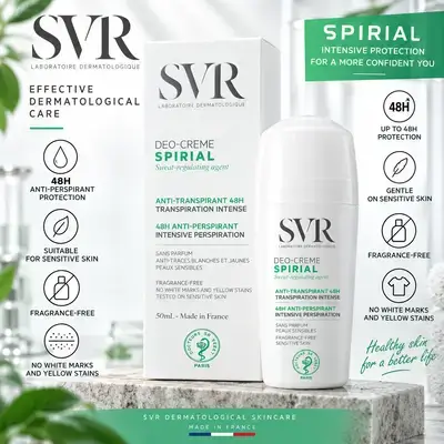 SVR Spirial Deo-Crème Sweat-Regulating Anti-Perspirant — 48H, Fragrance-Free, Sensitive Skin, 50 ml.