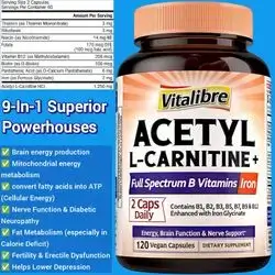 Acetyl L Carnitine HCl, 1250mg, with B1, B2, B3 Niacin, Biotin, Folate, Folic acid, Methyl B12, B5, Iron Glycinate, B Complex, Energy, Brain, Fat Metabolism, Sexual Health, Fertility & Sperm, L Carnitine, 120 Caps Carnitine 