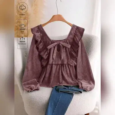 CosyJoli Plus Size Casual Flutter Sleeve Square Neck Bowknot T-Shirt - 2XL