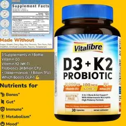 D3 K2 & Probiotic Supplement, Vitamin D3 5000 IU & K2 100 mcg, with Probiotics for Women & Men, Akkermansia Muciniphila to boost GLP 1 , Bone, Gut & Immune Support, probiotics , 30 Capsules d3 k2