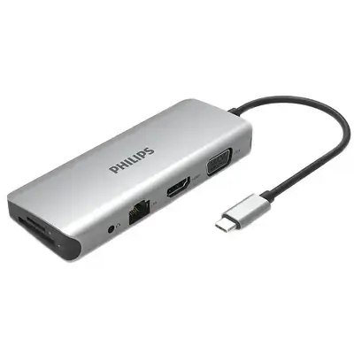 PHILIPS USB C extends to HDMI and 3 USB 3.0, USB 2.0, network port and PD (100W) charging port. HDMI supports 4K@30Hz, VGA port, SD/TF chip slot, 3.5mm phone jack, USB 3.0 supports 5Gbps transfer rate, USB 2.0 supports 480Mbps transfer rate