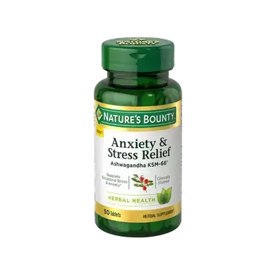 Nature's Bounty Anxiety and Stress Relief, Contains Ashwagandha and L-Theanine for Occasional Anxiety and Stress*, 50 Tablets