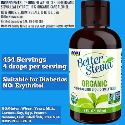 NOW Foods Better Stevia, Organic Stevia Sweetener, Organic Zero-Calorie Liquid Sweetener, Stevia, Stevia drops, Keto Friendly, Suitable for Diabetics, No Erythritol, 2-Ounce 59ml stevia