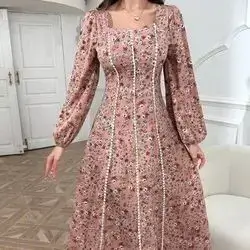 Mulvari Floral Print Square Neck Long Lantern Sleeve Modest Dress Medium Size
